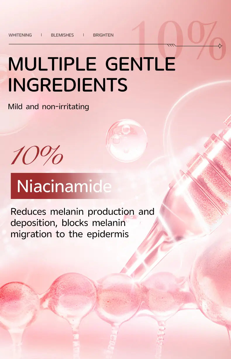 A sleek transparent glass dropper filled with pink niacinamide 10% and Txa 4% dark spot correcting serum for skincare application.