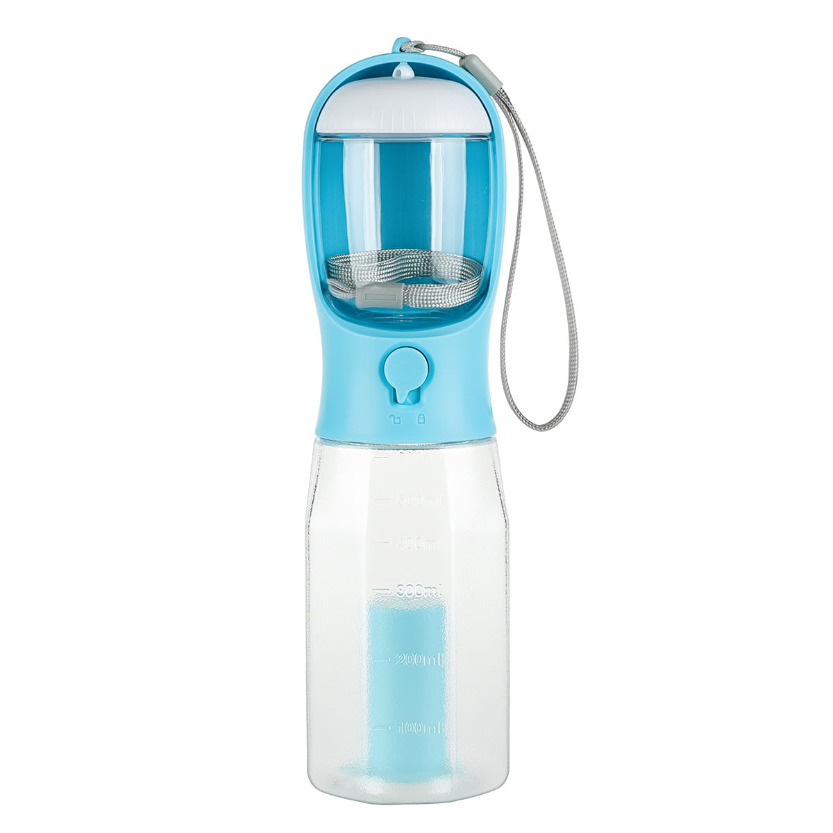 Gourde pour chien bleu clair et transparente 3 en 1 avec distributeur portable, comprenant un filtre en maille, des repères de mesure et une bandoulière pour l’hydratation et l’alimentation en extérieur.