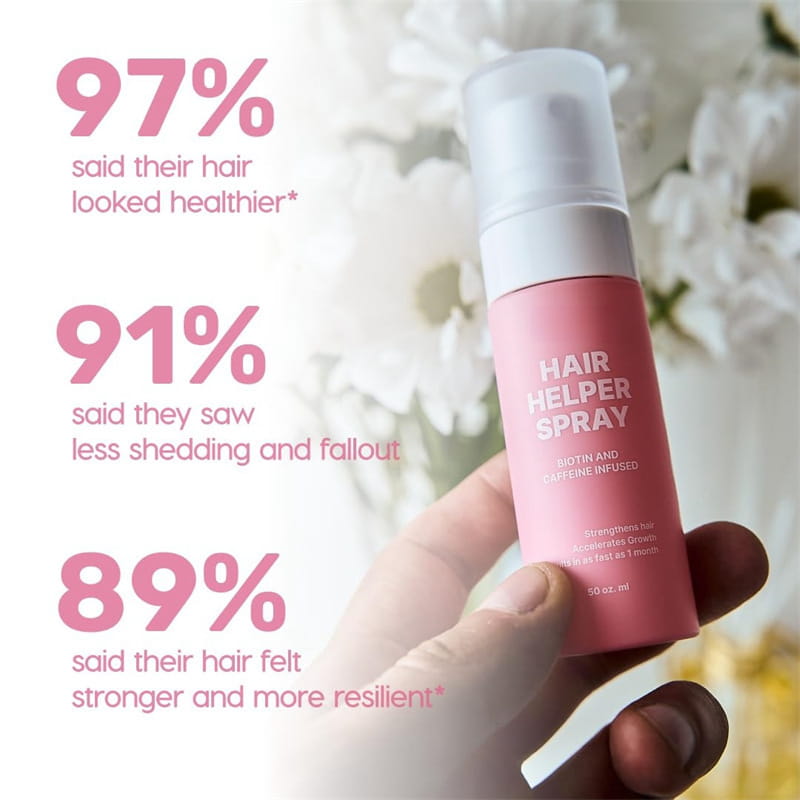 Frasco cilíndrico rosa de spray hidratante para el crecimiento del cabello con biotina y cafeína, con dispensador tipo bomba blanco, en tamaño de 50 ml.