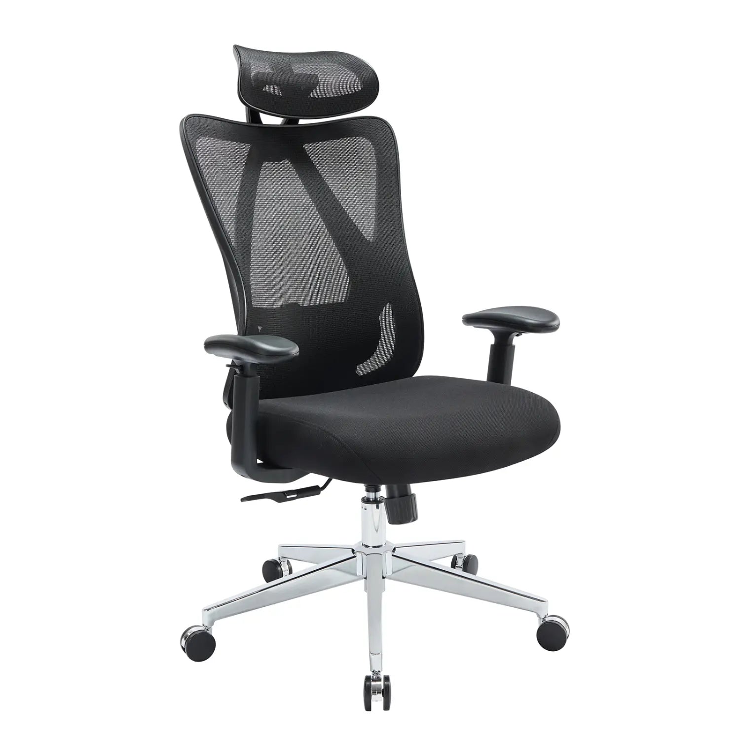 Black ergonomic mesh office chair with adjustable headrest padded seat armrests and chrome five-star base shown from the back side