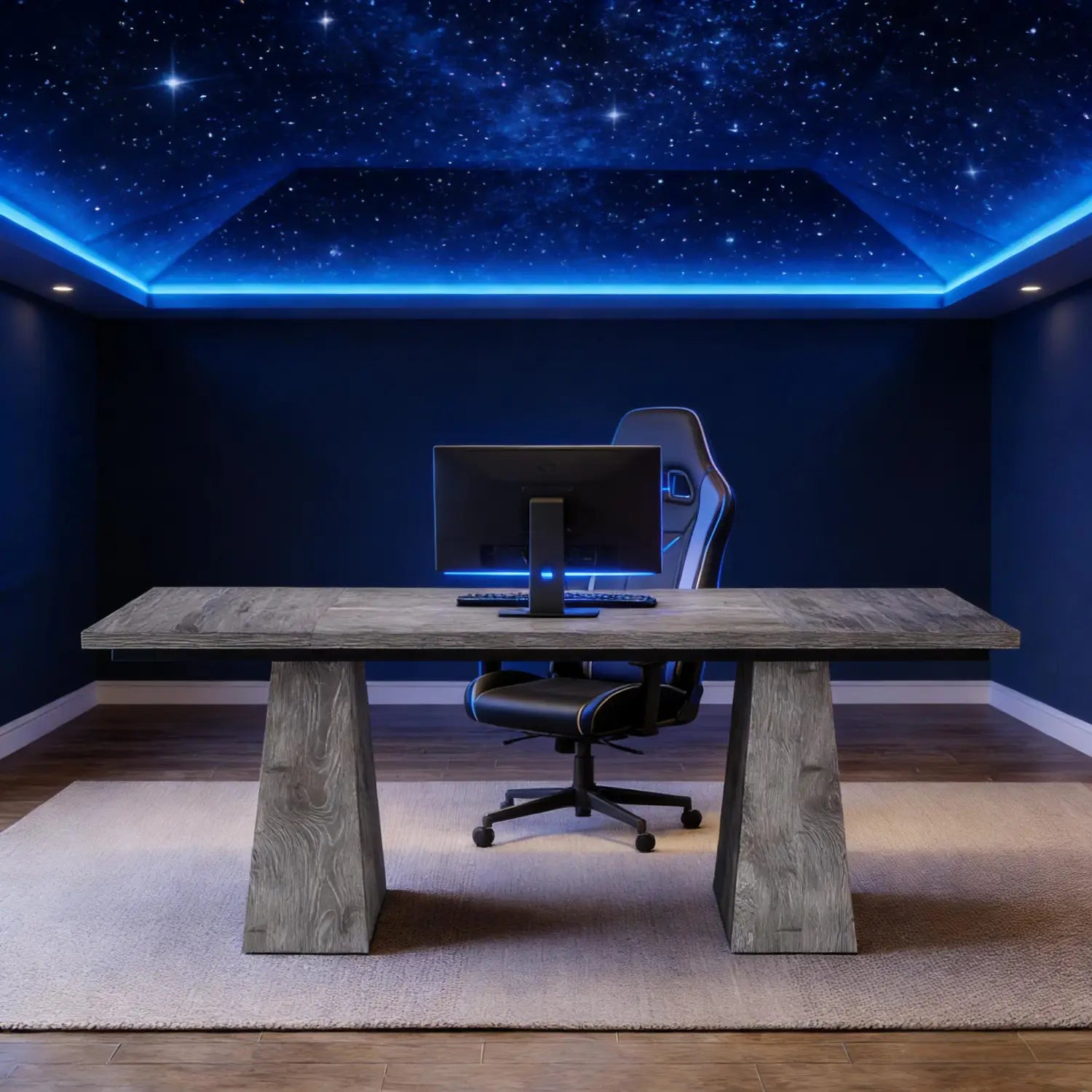 Chaise de jeu élégante noire et grise avec éclairage d’accentuation bleu, associée à un bureau de direction, poste de travail informatique en bois gris de 63 pouces.