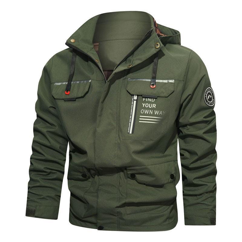 Mens outdoor fleece hooded jacket in olive green featuring reflective stripes on the pockets and a find your own way zipper pull detail.