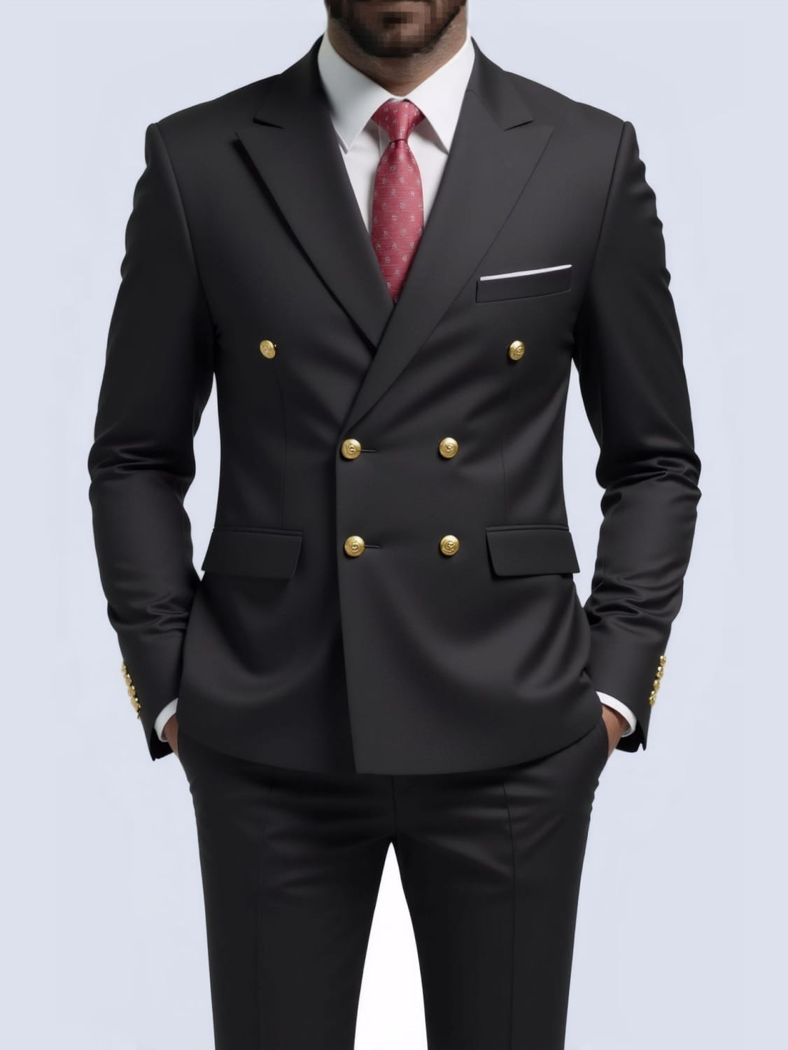 Costume homme non repassable à double boutonnage noir avec boutons dorés et pantalons assortis, fabriqué à partir d’un tissu de haute qualité.
