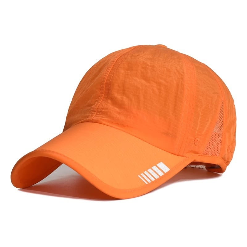 Bright orange quick-drying running hat with a mesh back and white reflective stripes on the brim designed for sports and sun protection.
