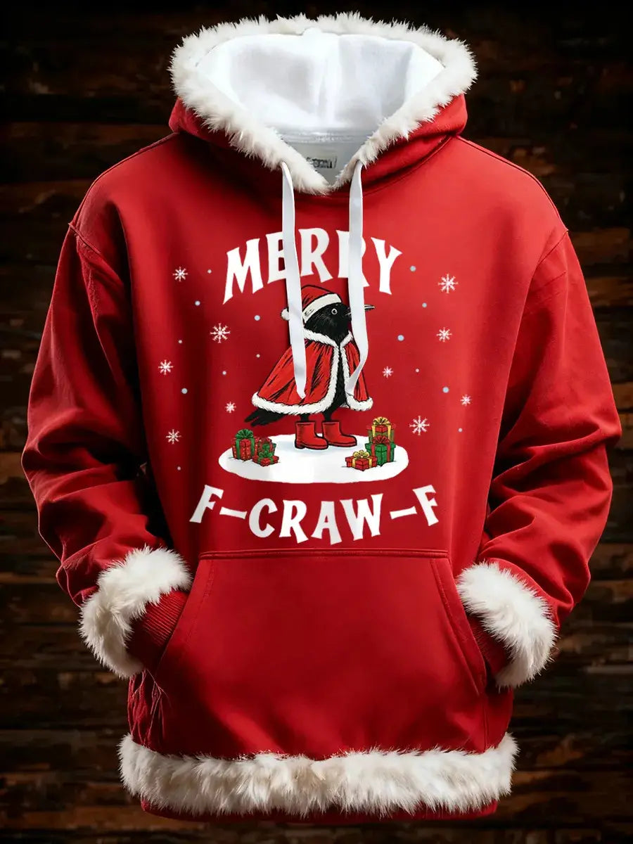 red holiday hoodie with white faux fur trim on hood cuffs and hem featuring a black penguin in a santa outfit surrounded by snowflakes and presents with pockets.