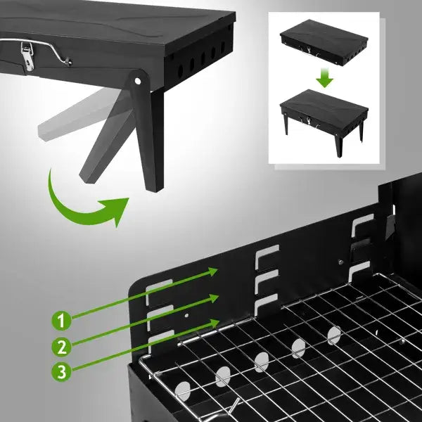black metal portable charcoal grill 44cm with folding square design, adjustable legs, and wire mesh cooking surface made of steel for bbq use.