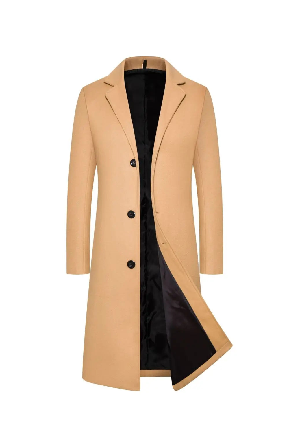 Beige woolen mid length wool trench coat for men with black buttons and contrasting black satin lining designed as a thick winter jacket.