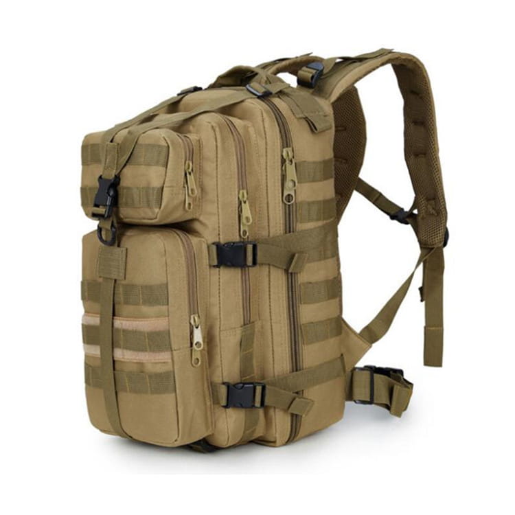 Tan tactical camouflage waterproof mountaineering backpack with multiple zippered compartments and adjustable straps designed for outdoor use.