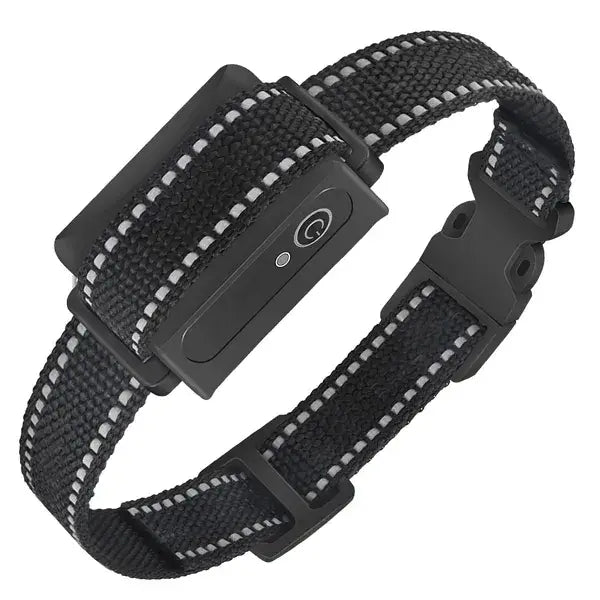 Black woven dog training collar with reflective white stitching and black plastic buckle featuring an integrated electronic training device for waterproof receiver 3280ft.