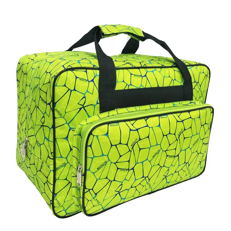 Vibrant lime green multifunctional nylon travel duffel bag with a bold cracked pattern black trim sturdy handles and multiple zippers.