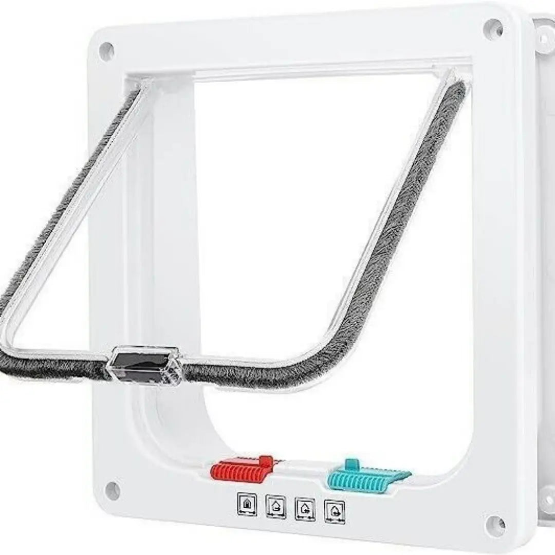 xl pet door white with clear plastic flap gray fabric trim and red and teal 4 way locking magnetic mechanisms for dogs and cats.