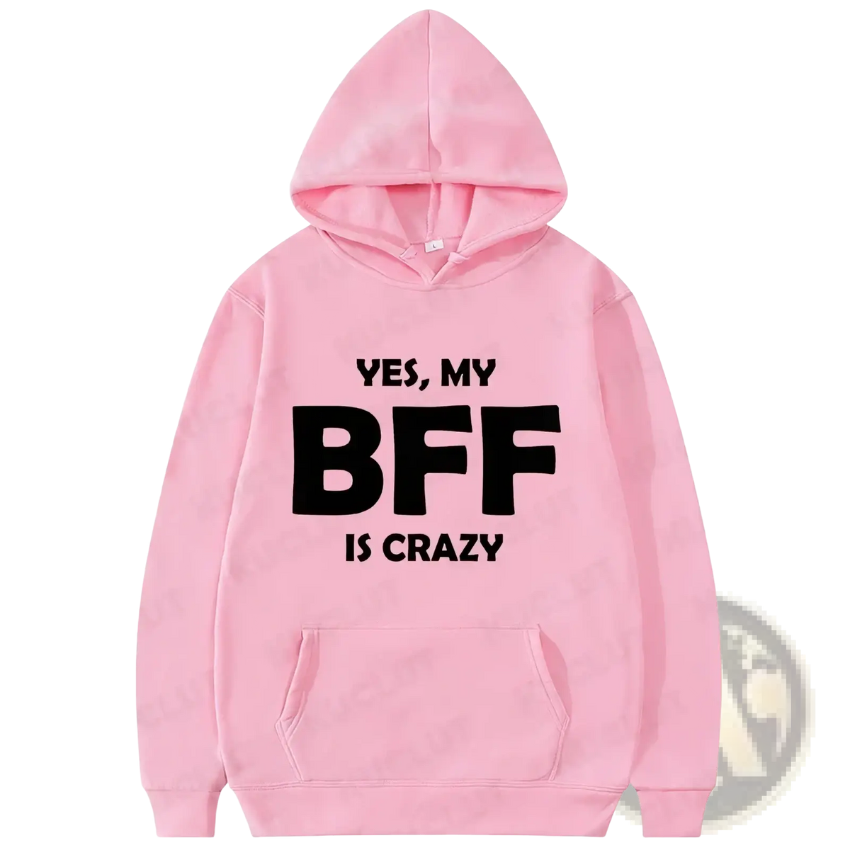 Pink fleece hoodie for women with black yes my bff is crazy text on chest perfect for casual wear