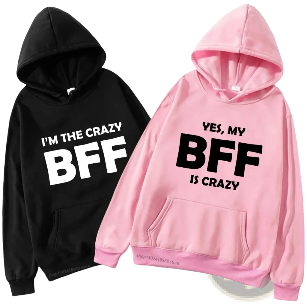 Black and pink fleece hoodies for women with bold white or black bff text printed across the chest perfect for casual wear