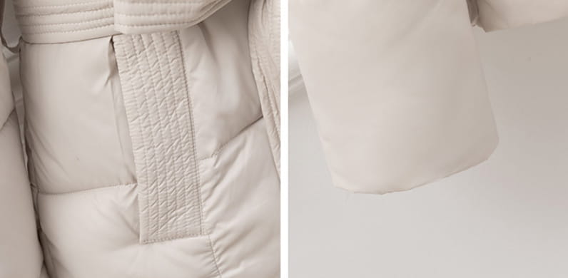 Cream-colored women quilted hooded winter puffer coat with a sleek modern design and warm insulated material.