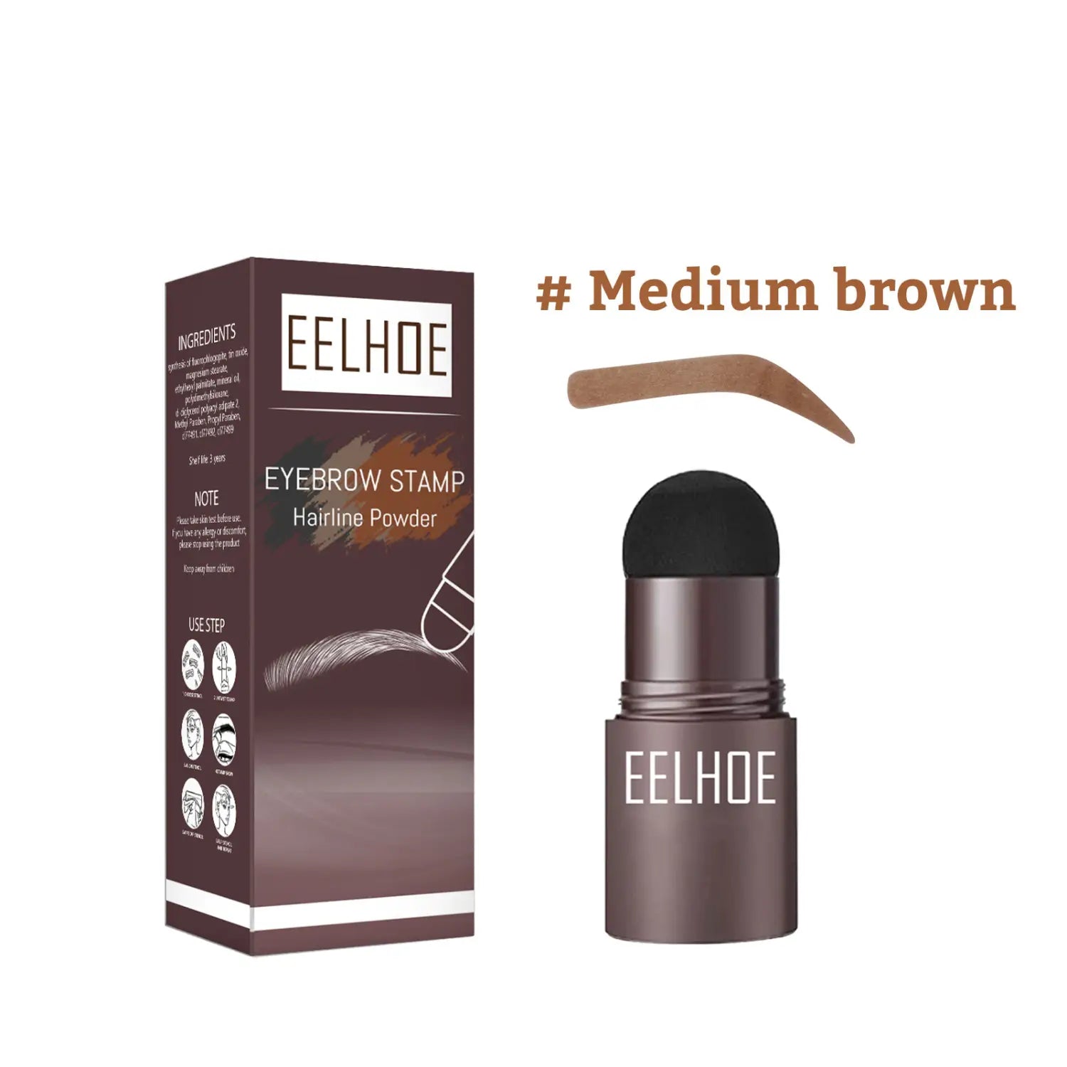 Medium brown eelhoe eyebrow stamp hairline powder stick with a black cap and metallic finish from the eyebrow powder stencil kit with stamp and pencil.