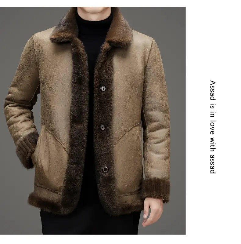Tan faux fur winter coat for men featuring a shearling texture with dark brown fur trim and three silver buttons.