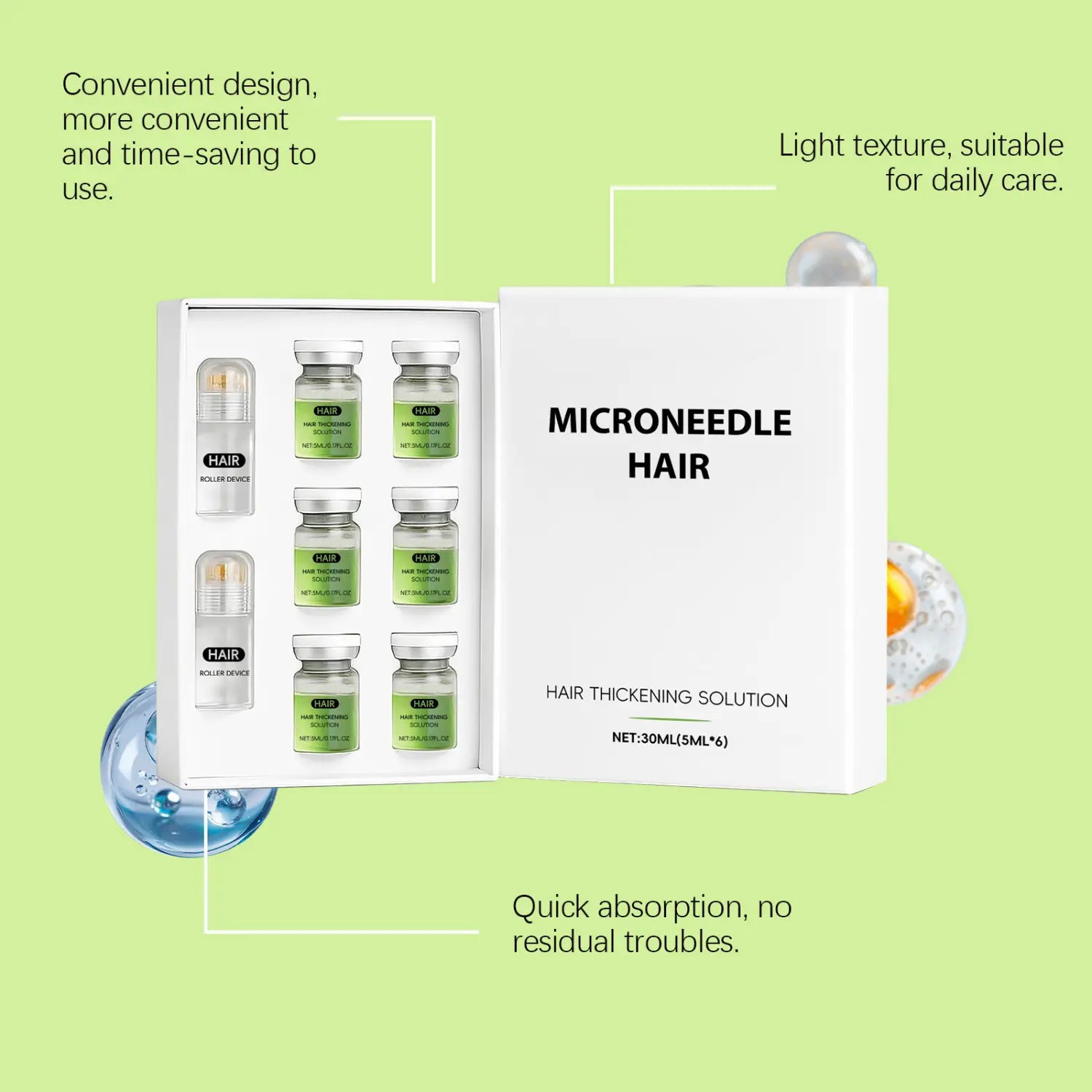 white box containing six green-tinted glass vials of microneedle hair thickening solution and one white roller device for scalp treatment in a microneedle hair thickening solution roller kit.