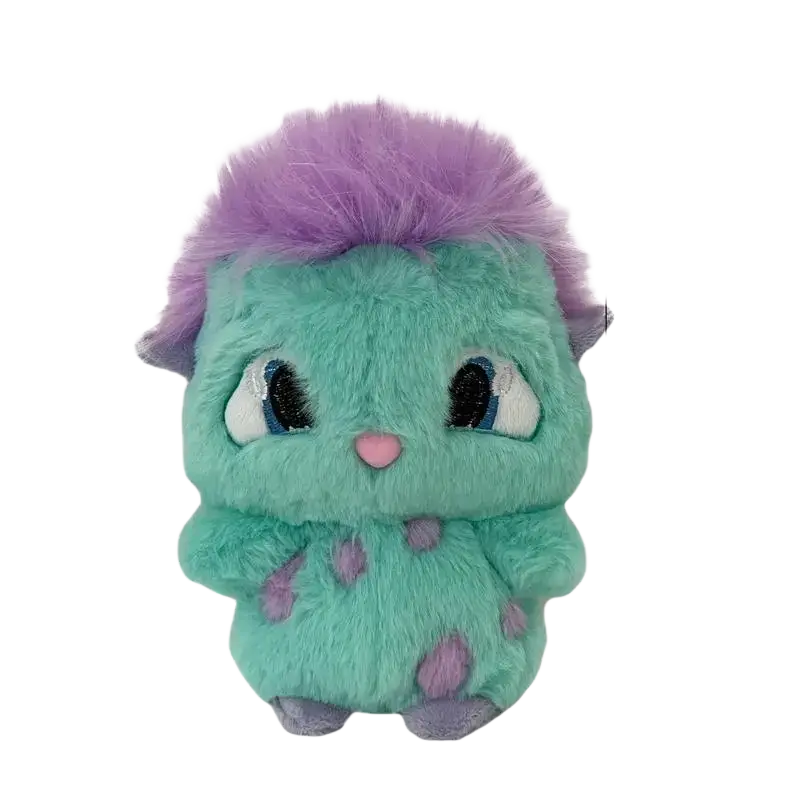 Bibble plush toy cute stuffed anime doll with mint green body purple spiky hair blue eyes and pink nose