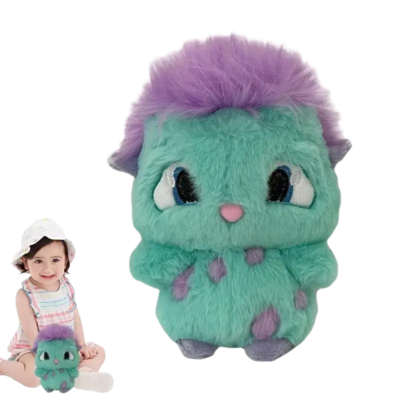 Bibble plush toy cute stuffed anime doll with teal body purple spiky hair blue eyes and pink nose