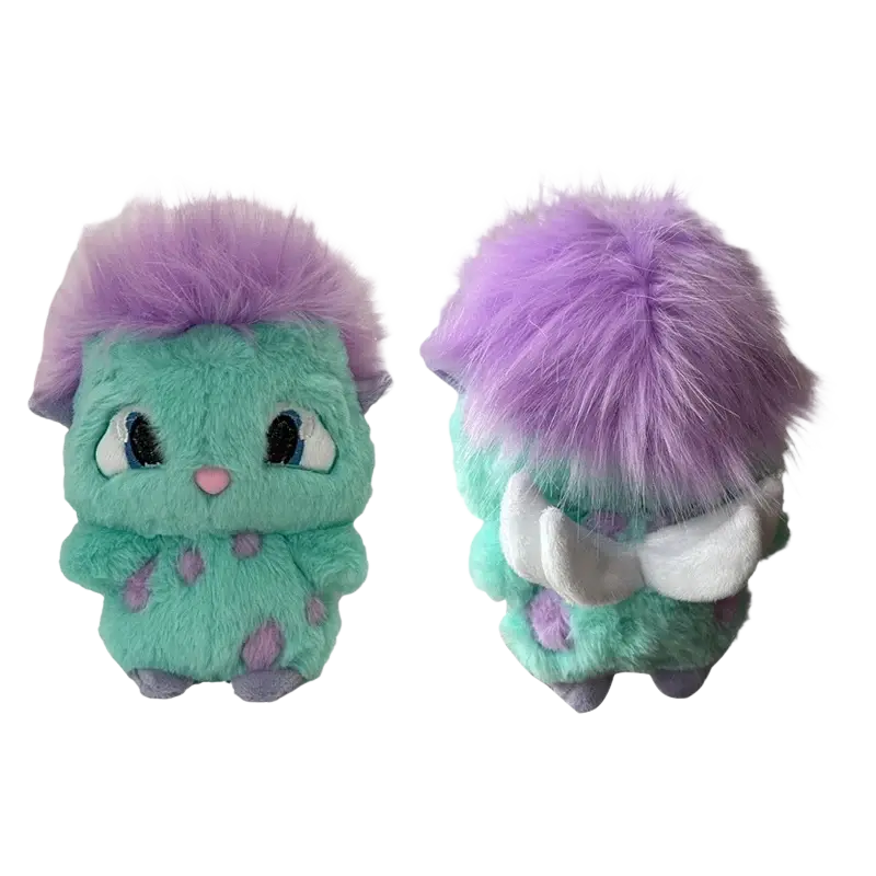 Bibble plush toy cute stuffed anime doll with teal fabric, fluffy purple hair, and pink nose