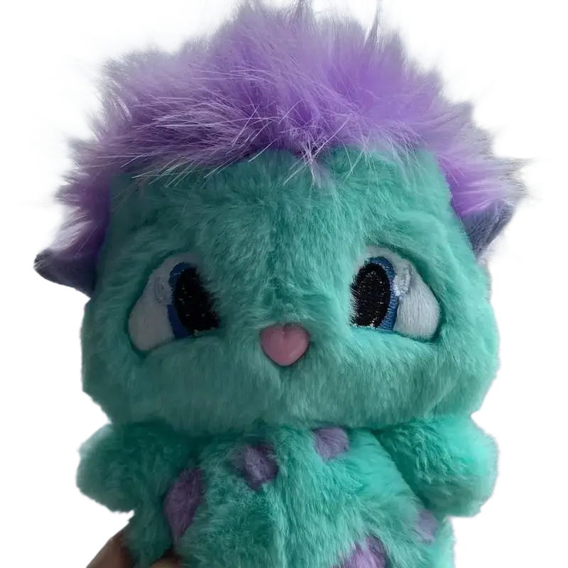 Bibble plush toy cute stuffed anime doll with teal fabric, spiky purple hair, and sparkling blue eyes