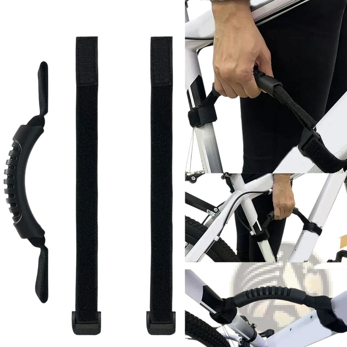 Black rubberized bicycle carry handle strap with textured ribbed grip and velcro straps for folding bikes and scooters