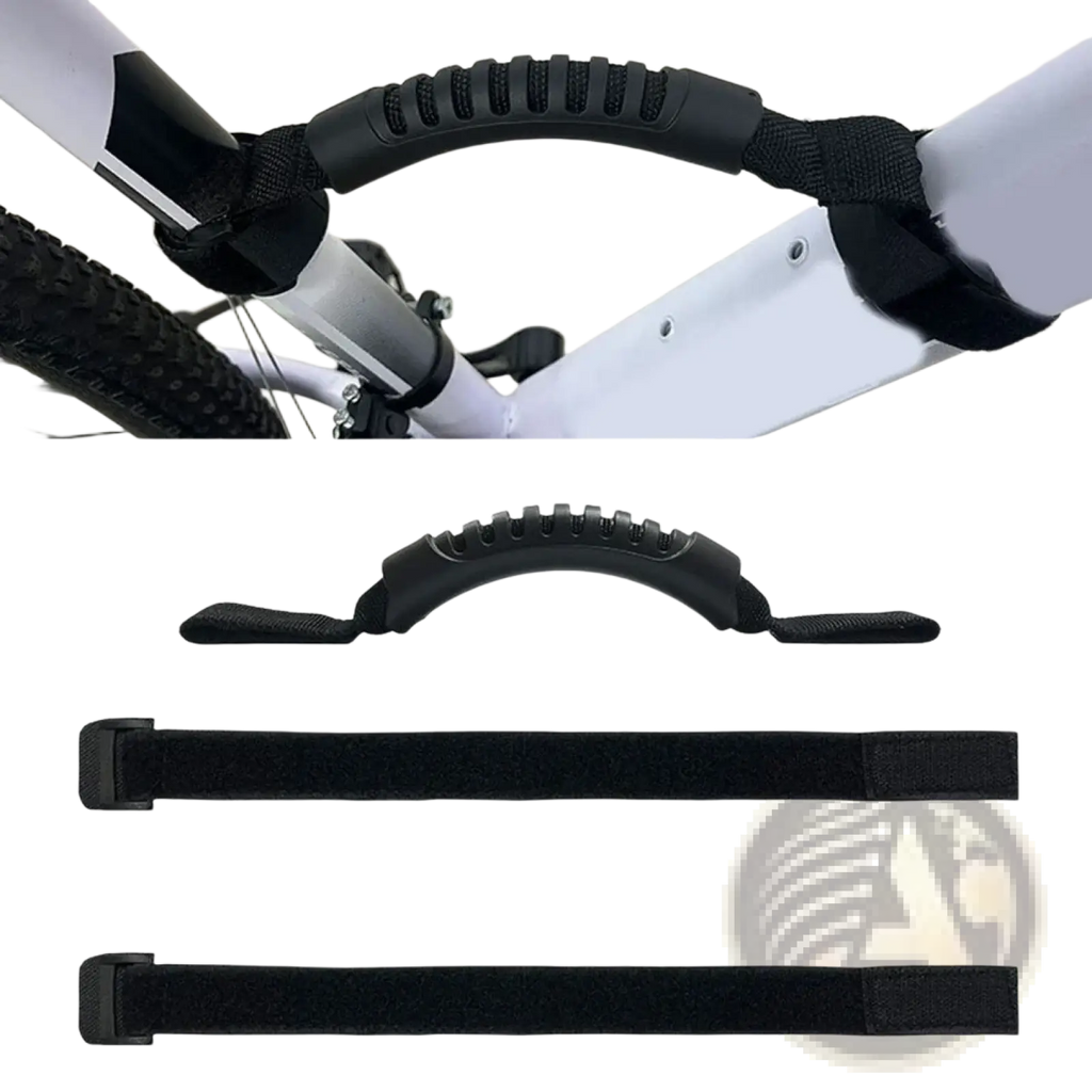 Black rubberized bicycle carry handle strap with textured ridges and adjustable velcro straps for folding bikes and scooters