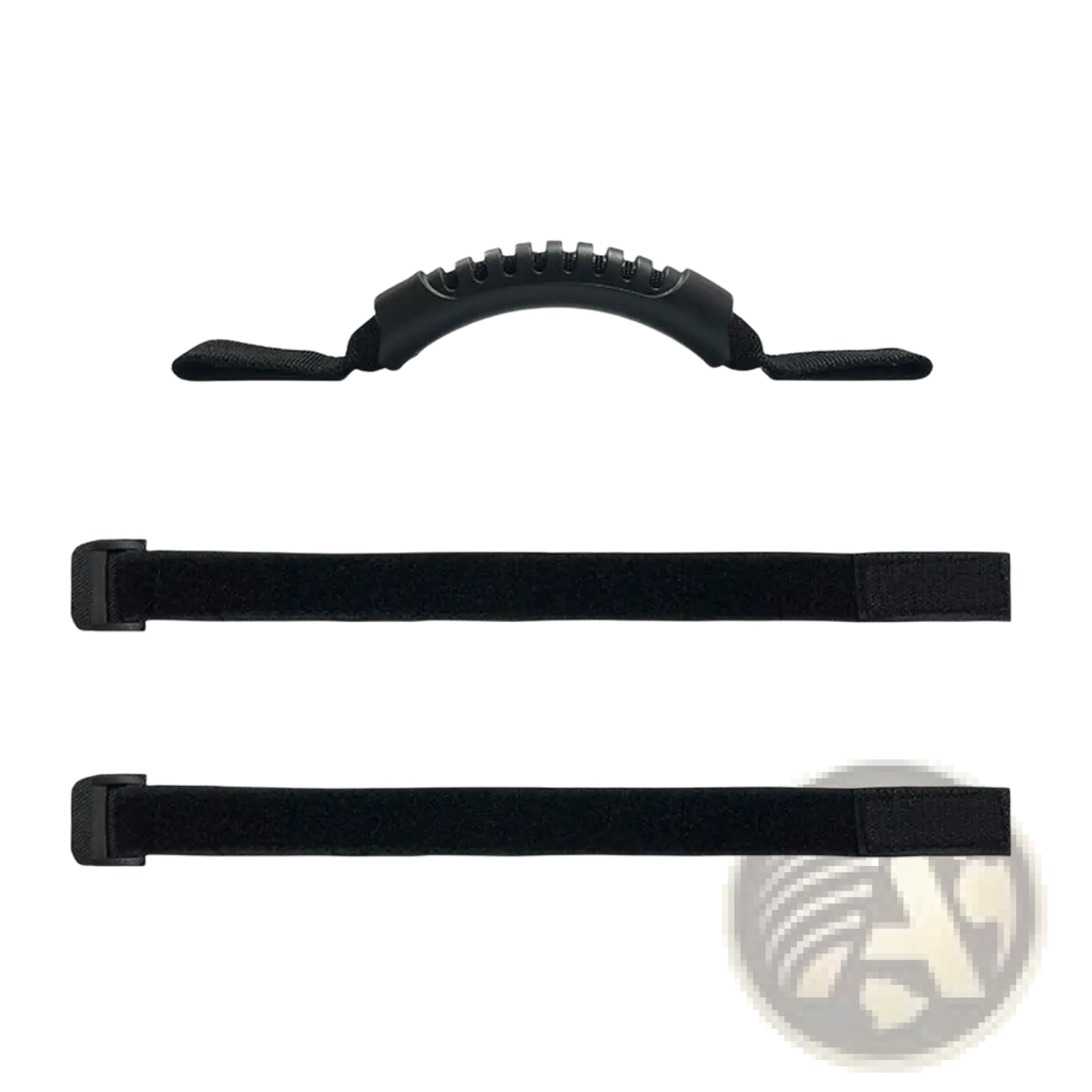 Black ergonomic bicycle carry handle strap with textured grip and two matching black velcro straps for folding bikes and scooters