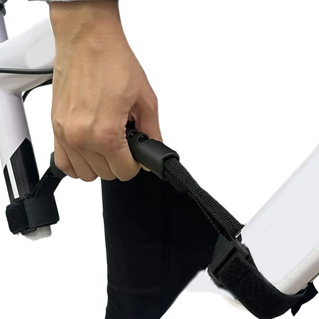 Black adjustable bicycle carry handle strap with padded grip and velcro fasteners for folding bikes and scooters