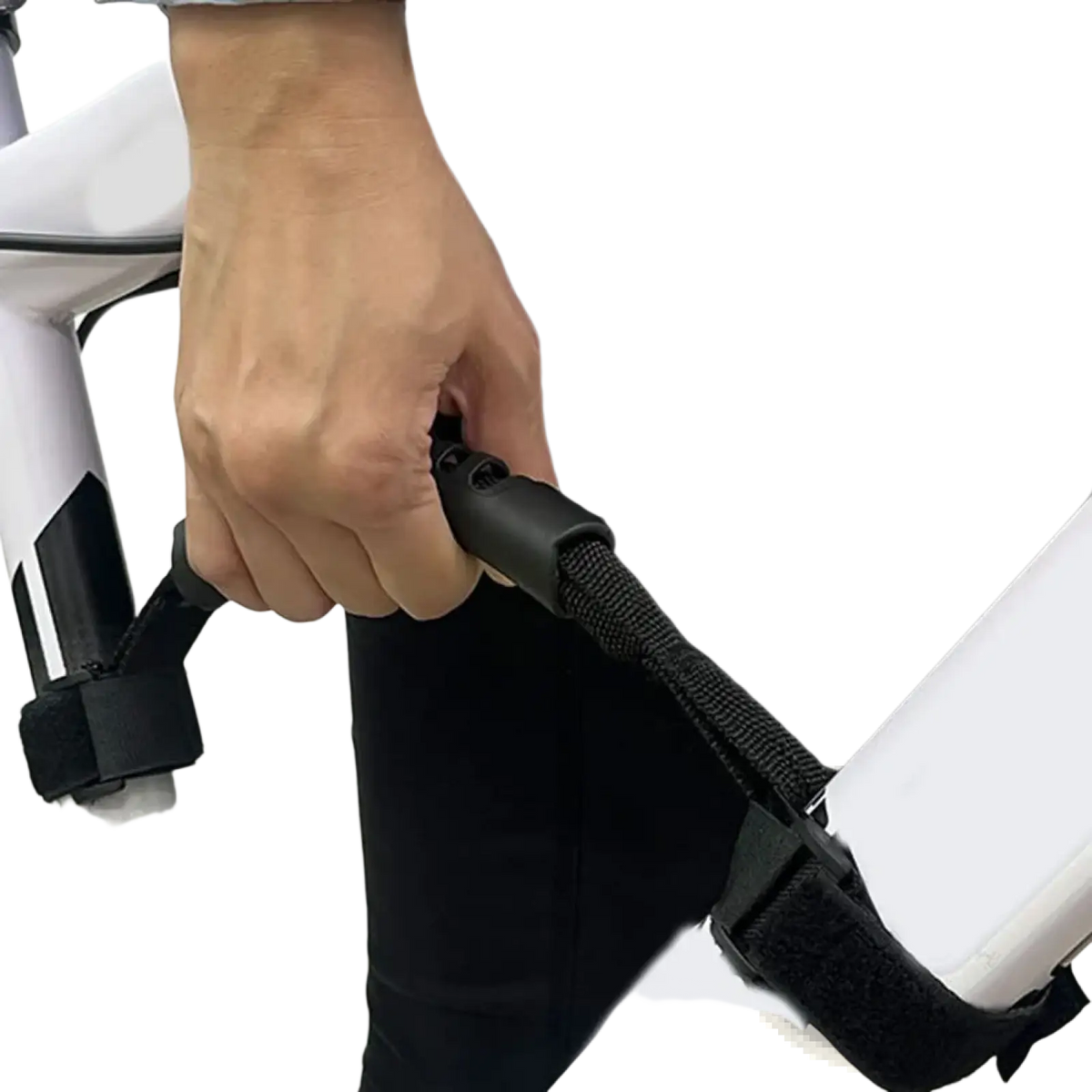 Black adjustable bicycle carry handle strap with padded grip and velcro fasteners for folding bikes and scooters