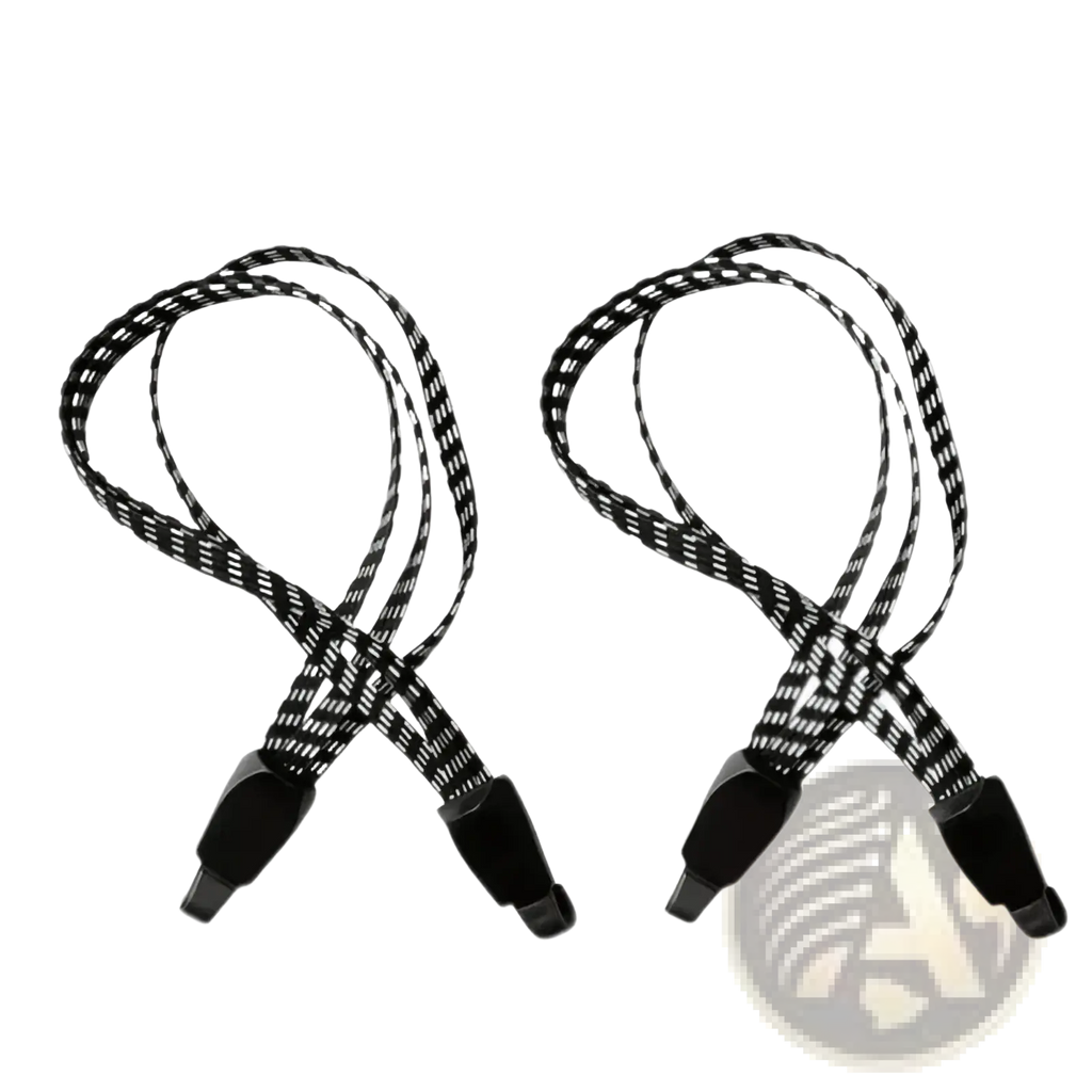 Black and white woven elastic bicycle cargo straps with black plastic clips sold as a pair with hooks
