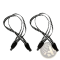 Black and white woven elastic bicycle cargo straps with black plastic clips sold as a pair with hooks