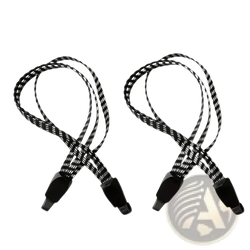 Black and white woven elastic bicycle cargo straps with black plastic clips sold as a pair with hooks
