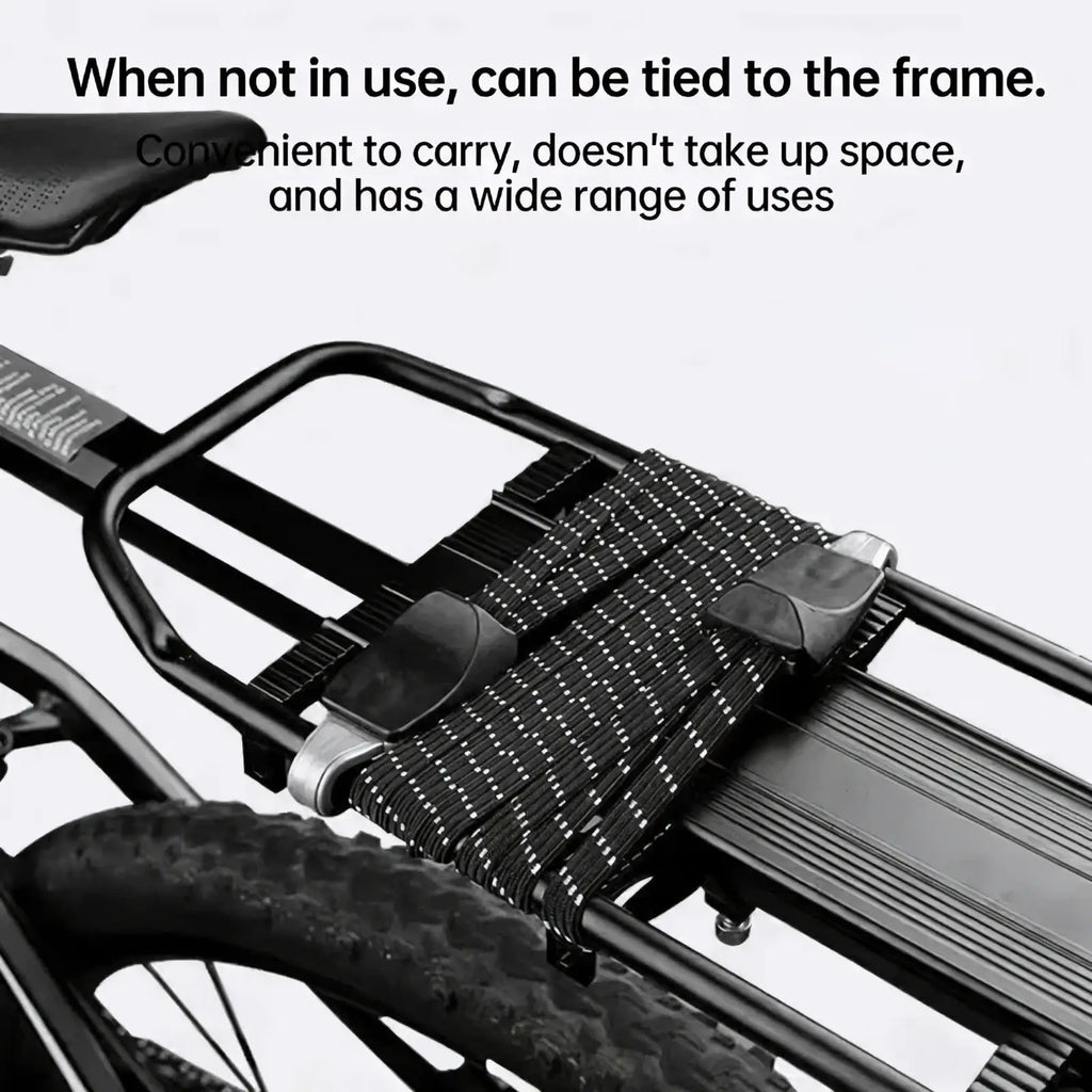 Black and silver reflective bicycle elastic cargo strap with adjustable buckles and hooks for secure frame attachment