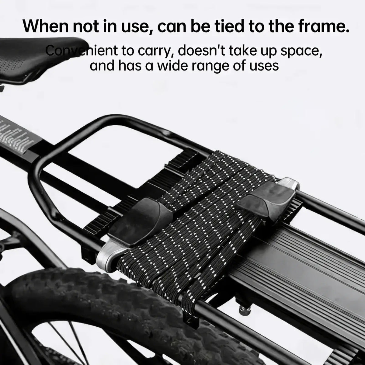 Black and silver reflective bicycle elastic cargo strap with adjustable buckles and hooks for secure frame attachment
