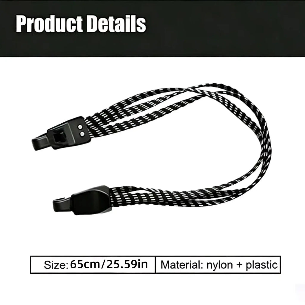 Black and white checkered nylon bicycle elastic cargo strap with plastic clips and hooks for secure load fastening