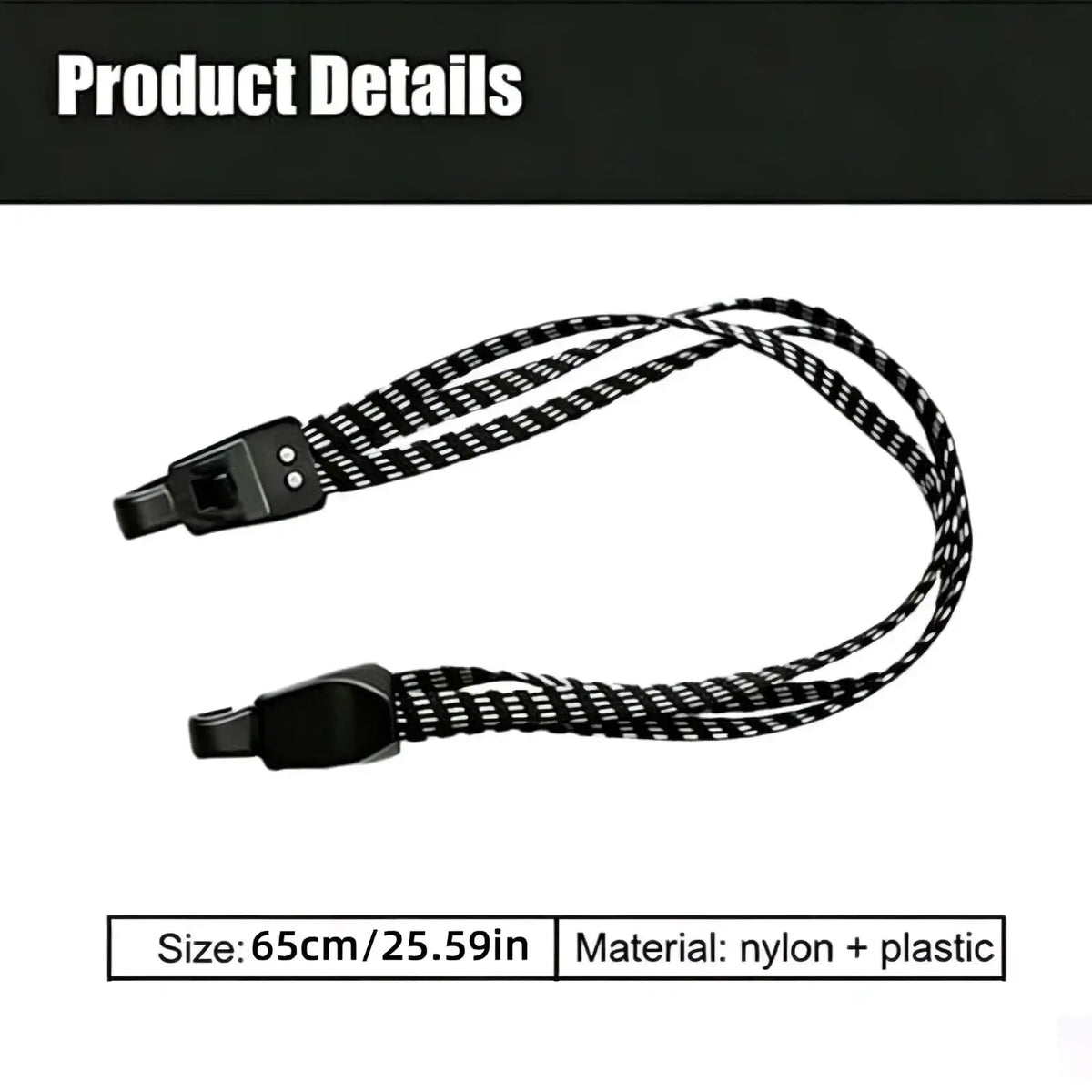 Black and white checkered nylon bicycle elastic cargo strap with plastic clips and hooks for secure load fastening
