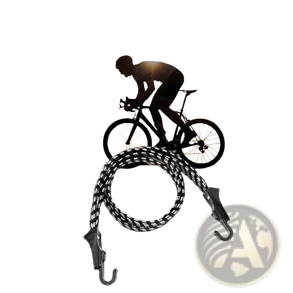 Bicycle elastic cargo strap with black and white striped elastic binding and metal hooks for secure fastening