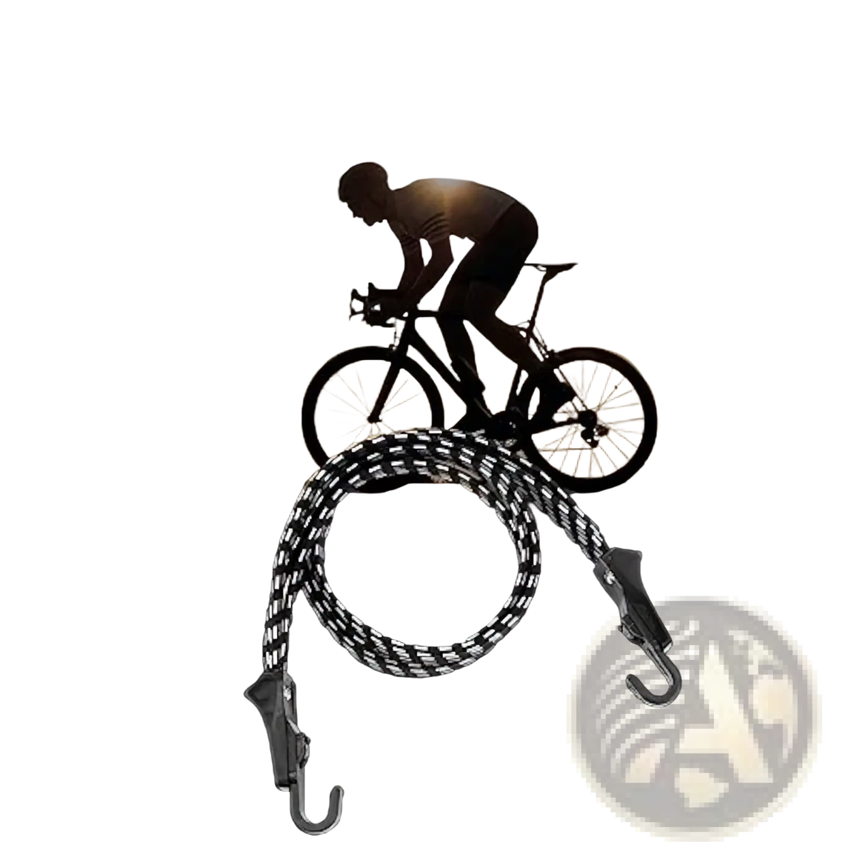 Bicycle elastic cargo strap with black and white striped elastic binding and metal hooks for secure fastening