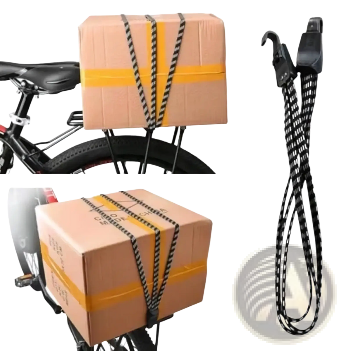 Bicycle elastic cargo strap with black and white striped elastic band and black plastic hook and buckle for secure transport