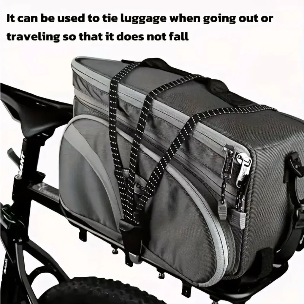 Gray and black bicycle elastic cargo strap with hooks and reflective straps for secure luggage attachment on pannier back side