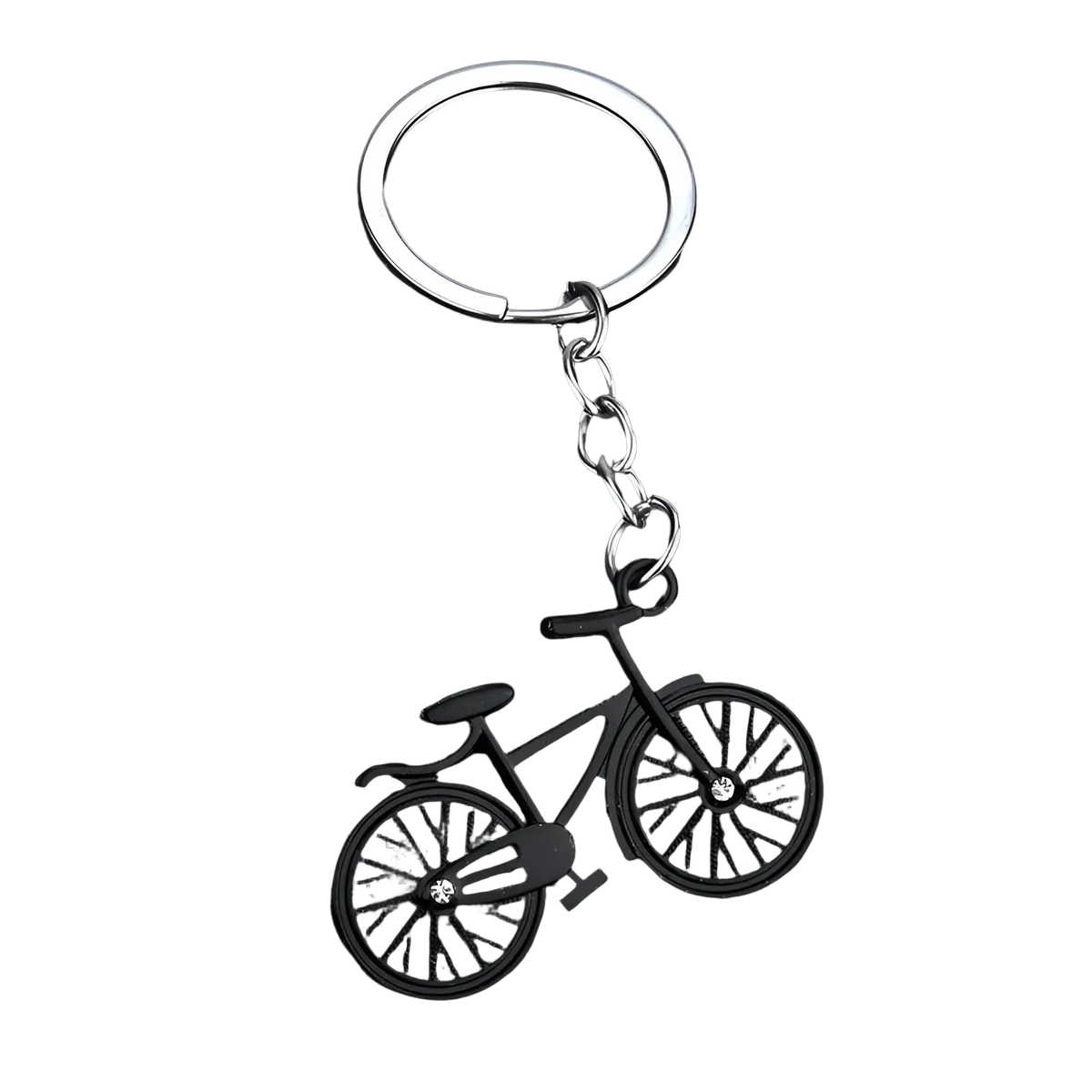 Black bicycle keychain charm set with silver-toned metal ring and crystal-accented wheels in bicycle shape