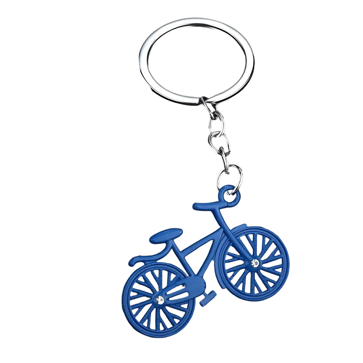 Blue bicycle-shaped keychain charm set with silver metal ring and chain for keys or accessories