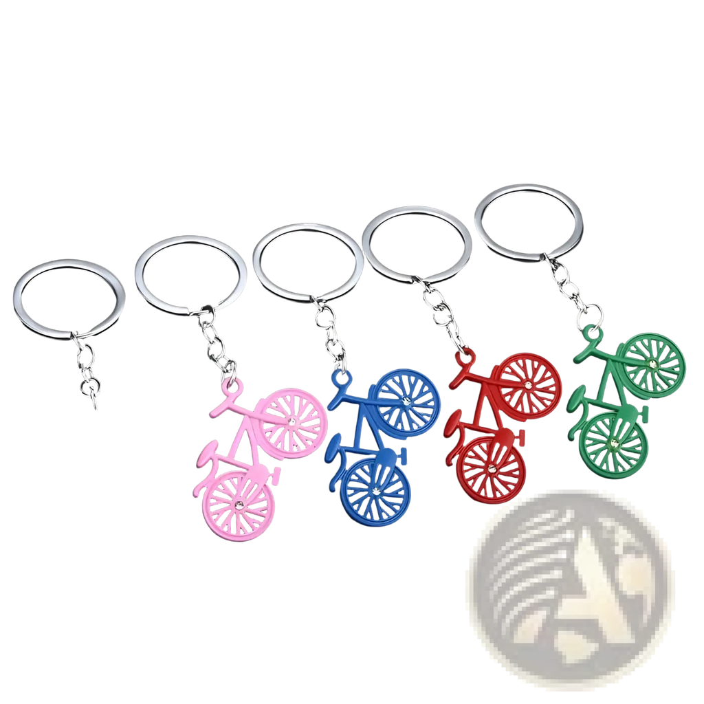 Bicycle keychain charm set featuring colorful bicycle-shaped keychains in black pink blue red and green metal design