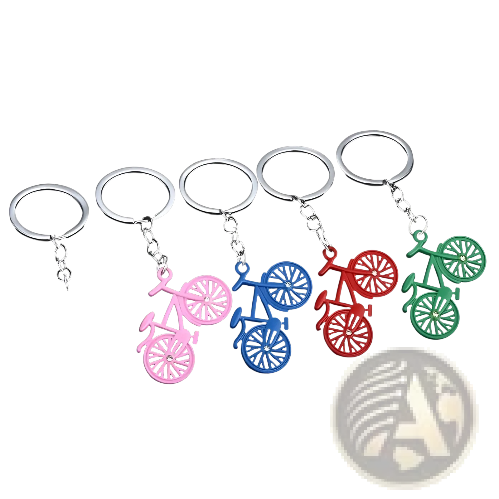 Bicycle keychain charm set featuring colorful bicycle-shaped keychains in black pink blue red and green metal design