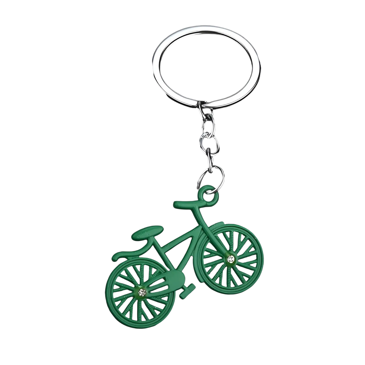 Green bicycle keychain charm set with silver metal ring and chain featuring crystal accents on the wheels