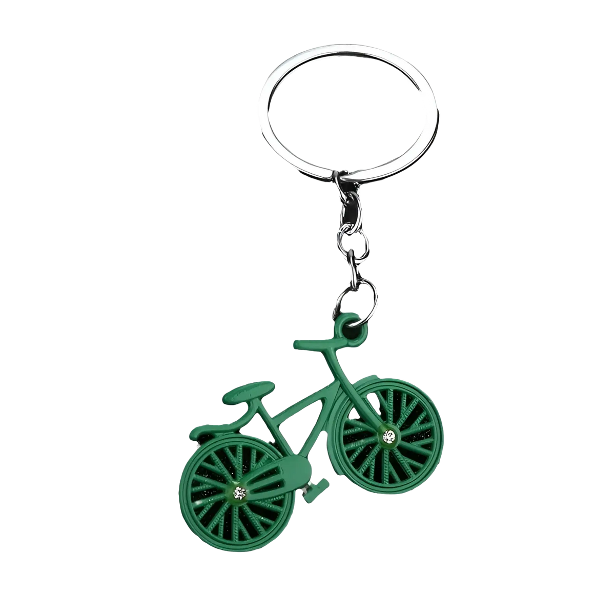 Green bicycle keychain charm set with silver-toned metal ring and chain for holding keys or accessories