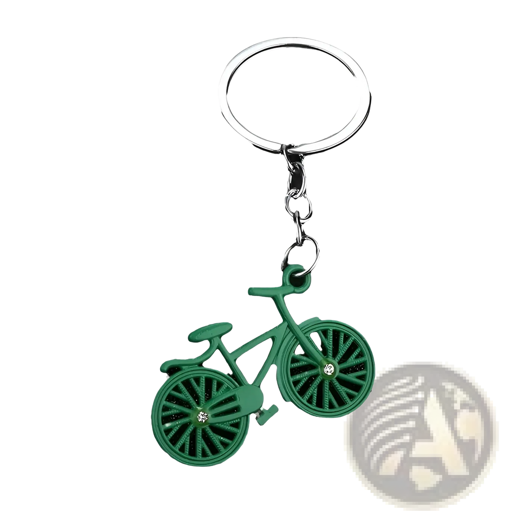 Green bicycle keychain charm set with silver-toned metal ring and chain for holding keys or accessories