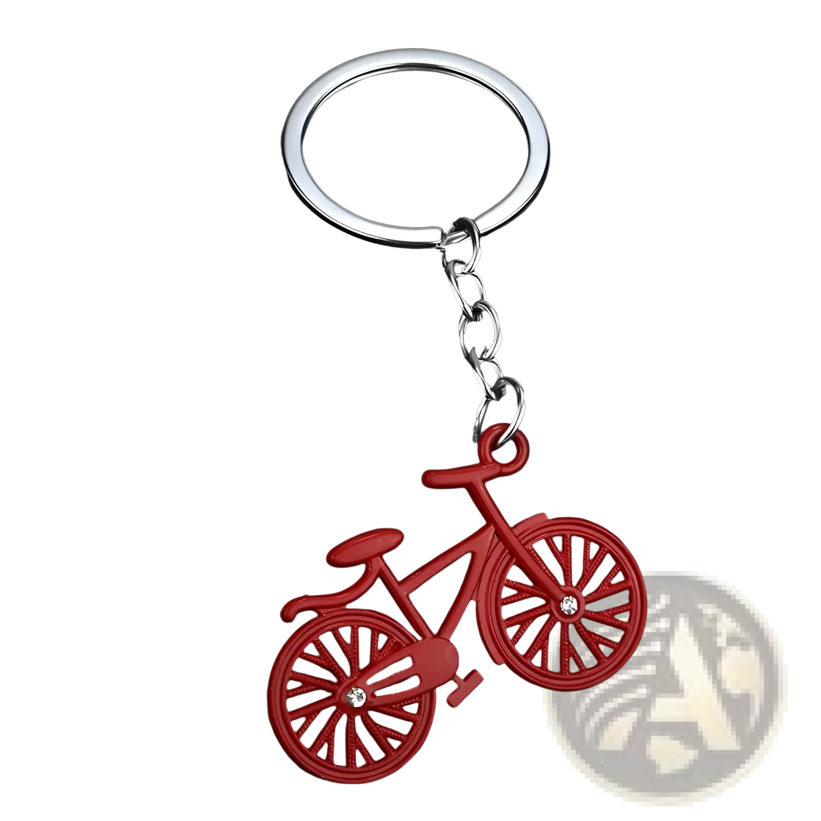 Red bicycle keychain charm set with silver metal ring and chain featuring small crystal accents on each wheel
