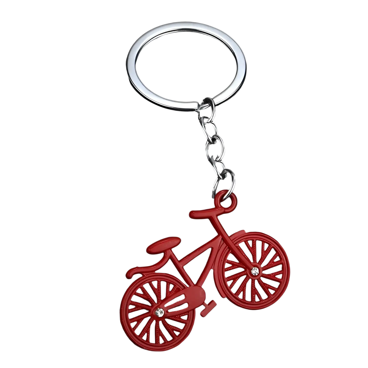 Red bicycle keychain charm set with silver metal ring and chain featuring small crystal accents on each wheel